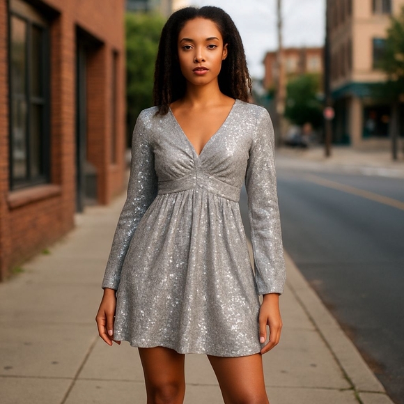 Lena Dresses & Skirts - Lena Silver Sequin Long Sleeve Cocktail Dress